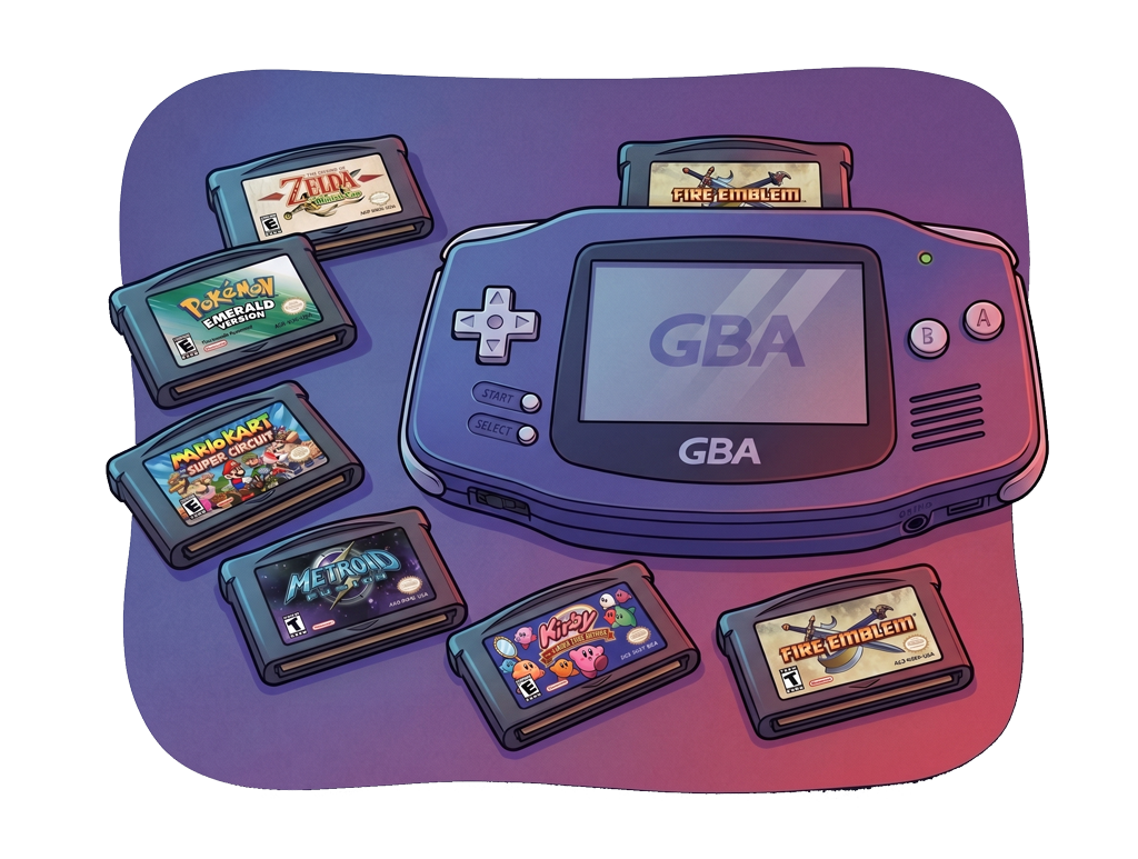 Consola Game Boy Advance morada con cartuchos clásicos como Metroid Fusion y Pokémon Rubí